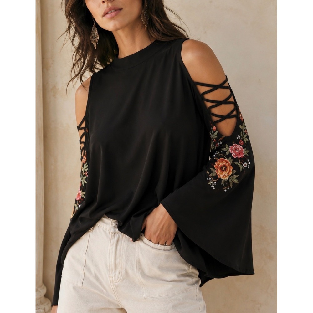 Umgee sz XL USA Black Embroidered Floral Cold Shoulder Butterfly Sleeve Blouse